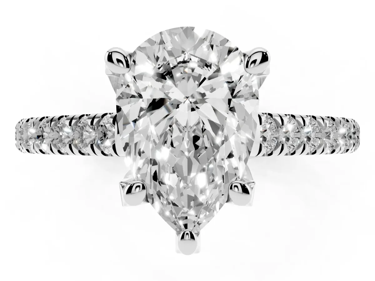 Pear Cut Brilliant Diamond Solitaire with Pavé Band and Four-Prong Setting Platinum