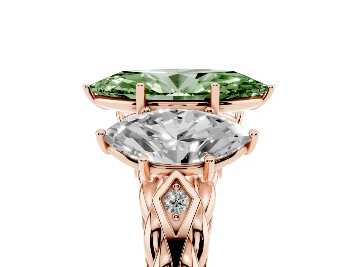 Fancy Green Three-Stone Marquise Cut Diamond Braided Band Ring with Four-Prong Setting Rose gold