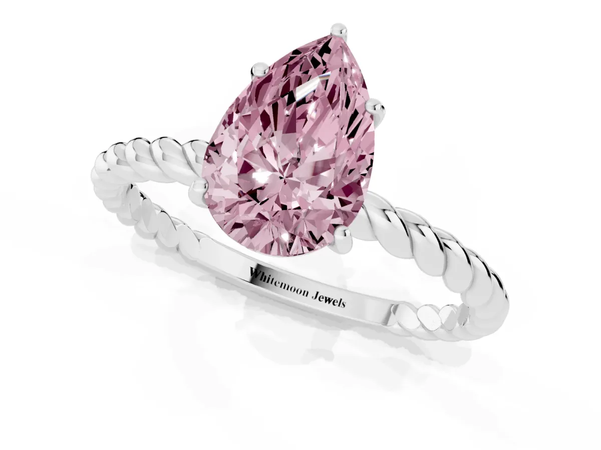 Fancy Pink Pear Cut Solitaire Twist Band Ring with Four-Prong Setting Silver