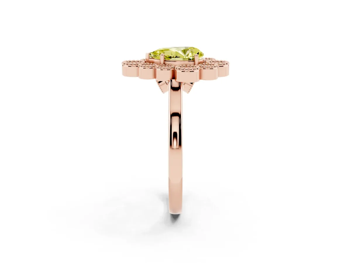 Fancy Yellow Pear Cut Halo Diamond Cluster Engagement Ring with Milgrain Bezel Setting and Solitaire Band Rose gold