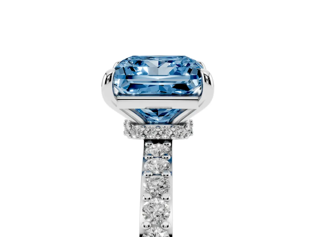 Fancy Blue Princess Cut Diamond Solitaire Engagement Ring with Pavé Band and Four-Prong Setting Silver