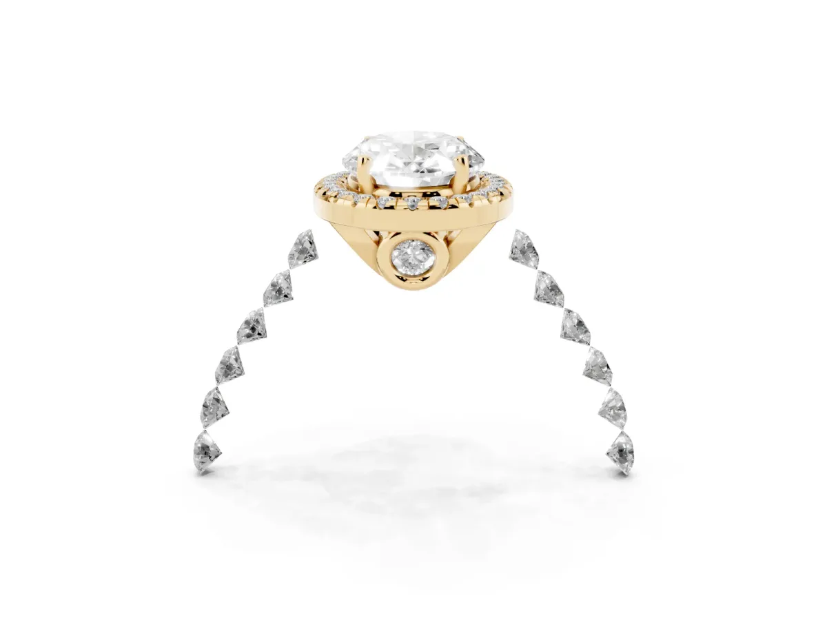 Oval Cut Halo Pavé Diamond Engagement Ring with Four-Prong Setting Yellow gold