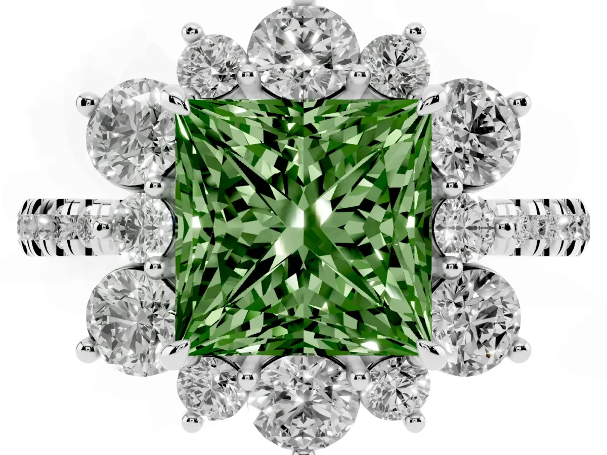 Fancy Green Princess Cut Diamond Floral Halo Ring with Round Pavé Band and Prong Setting Silver