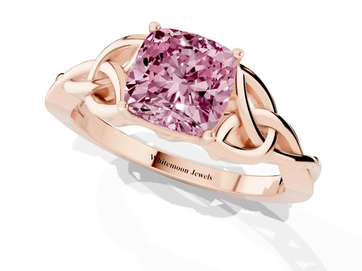 Fancy Pink Cushion Cut Diamond Solitaire Engagement Ring with Celtic Knot Band and Four-Prong Setting Rose gold