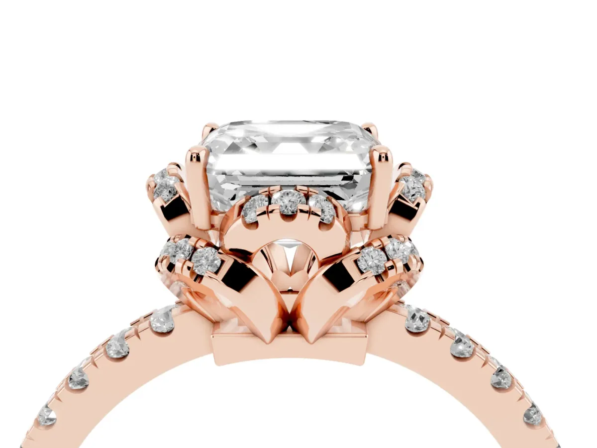 Asscher Cut Diamond Halo Pave Band with Four-Prong Setting Rose gold