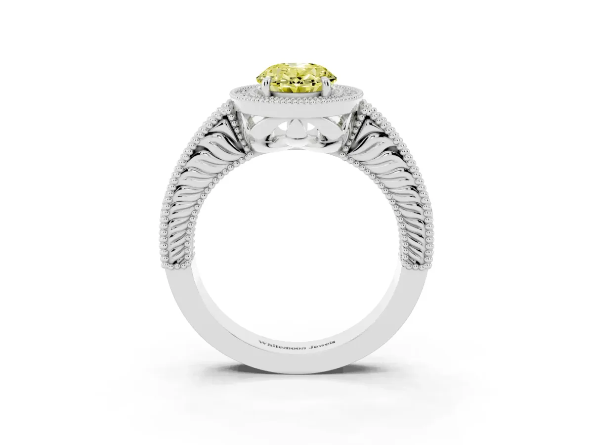 Fancy Yellow Oval Cut Cut Halo Diamond Ring with Pavé Band and Four-Prong Setting White gold