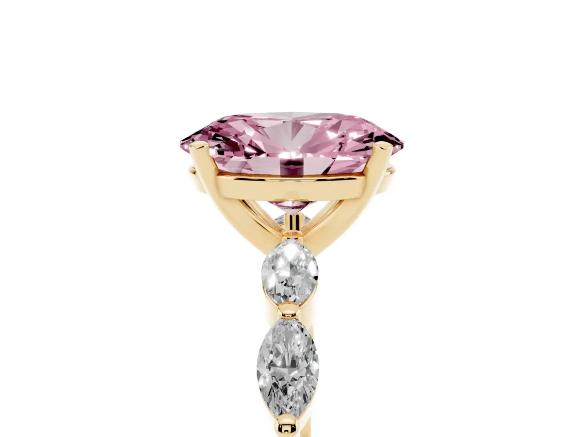 Fancy Pink Oval Cut Diamond Ring with Marquise Side Stones and Prong Setting Yellow gold