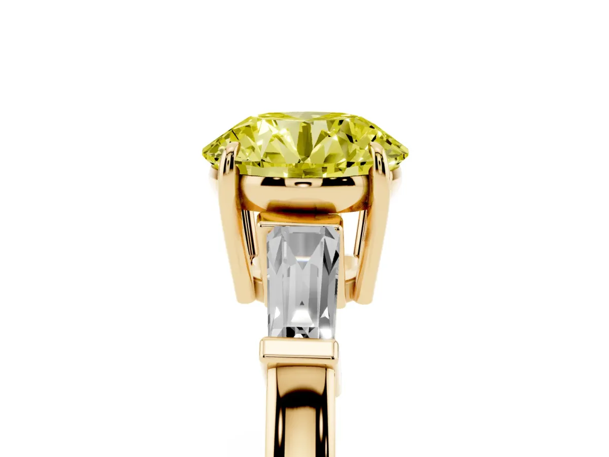Fancy Yellow Round Cut Diamond Three-Stone Ring with Tapered Baguette Side Stones and Prong Setting Yellow gold