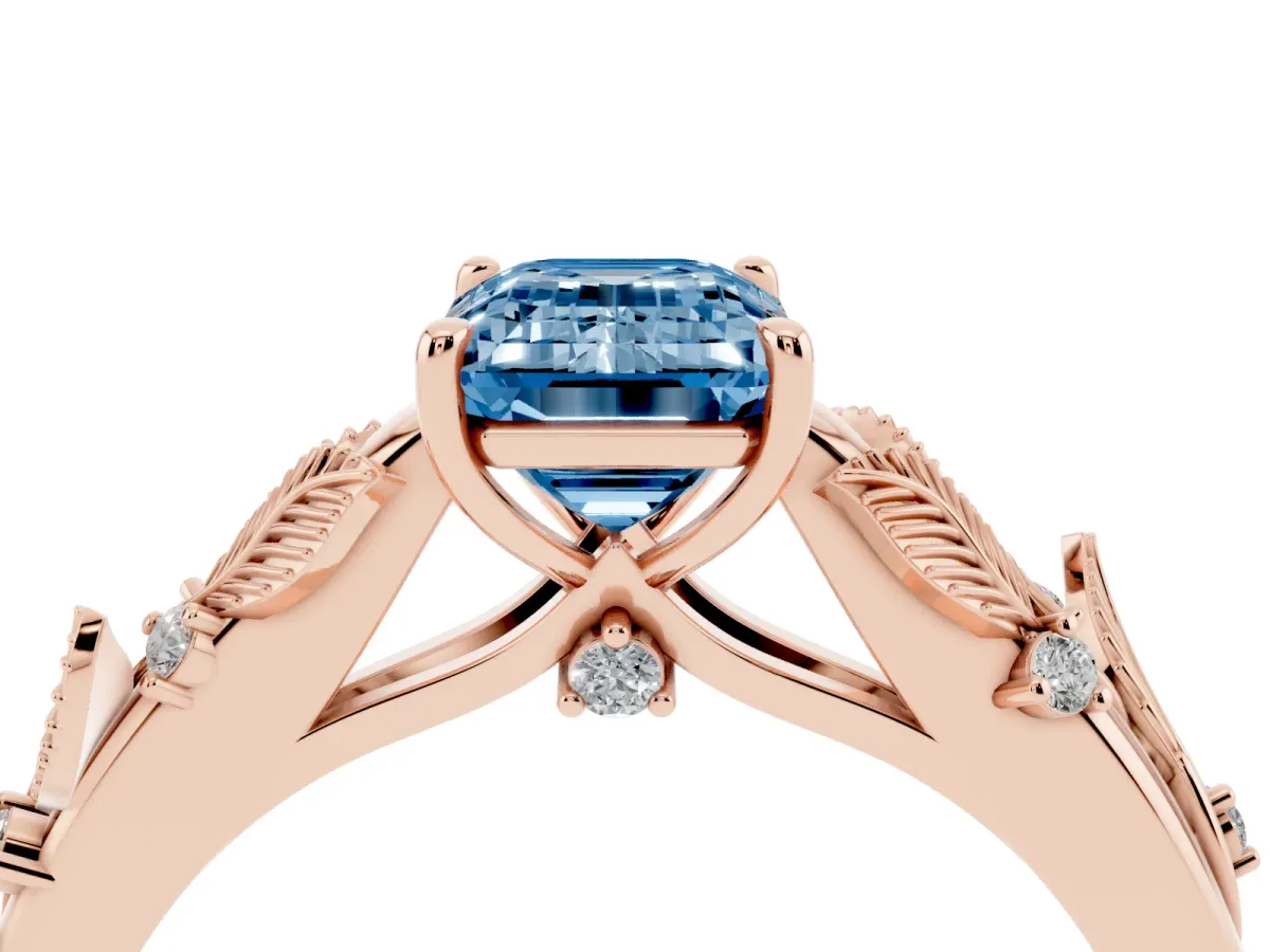 Fancy Blue Emerald Cut Diamond Solitaire Ring with Leaf Motif Band and Four-Prong Setting Rose gold