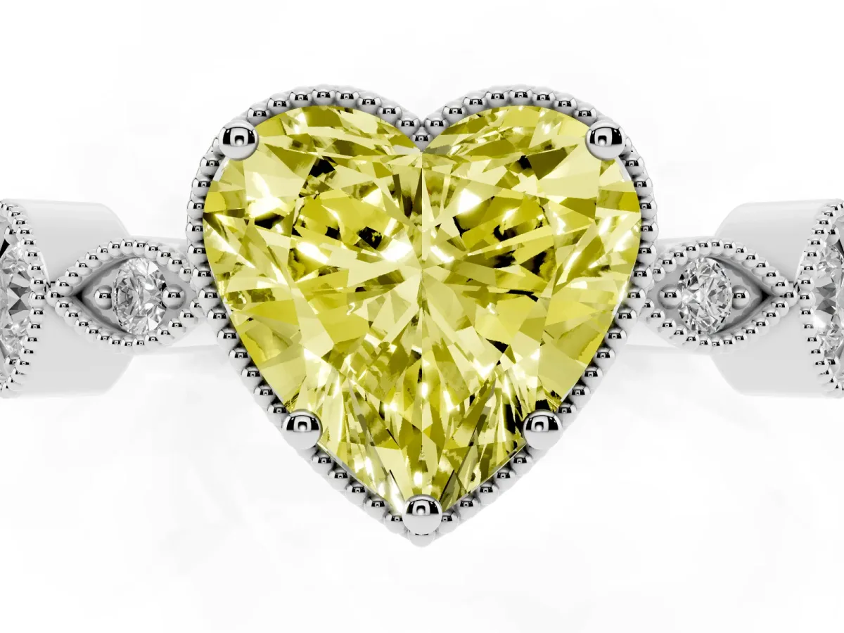 Fancy Yellow Heart Cut Diamond Vintage Milgrain Ring with Round Stations Silver