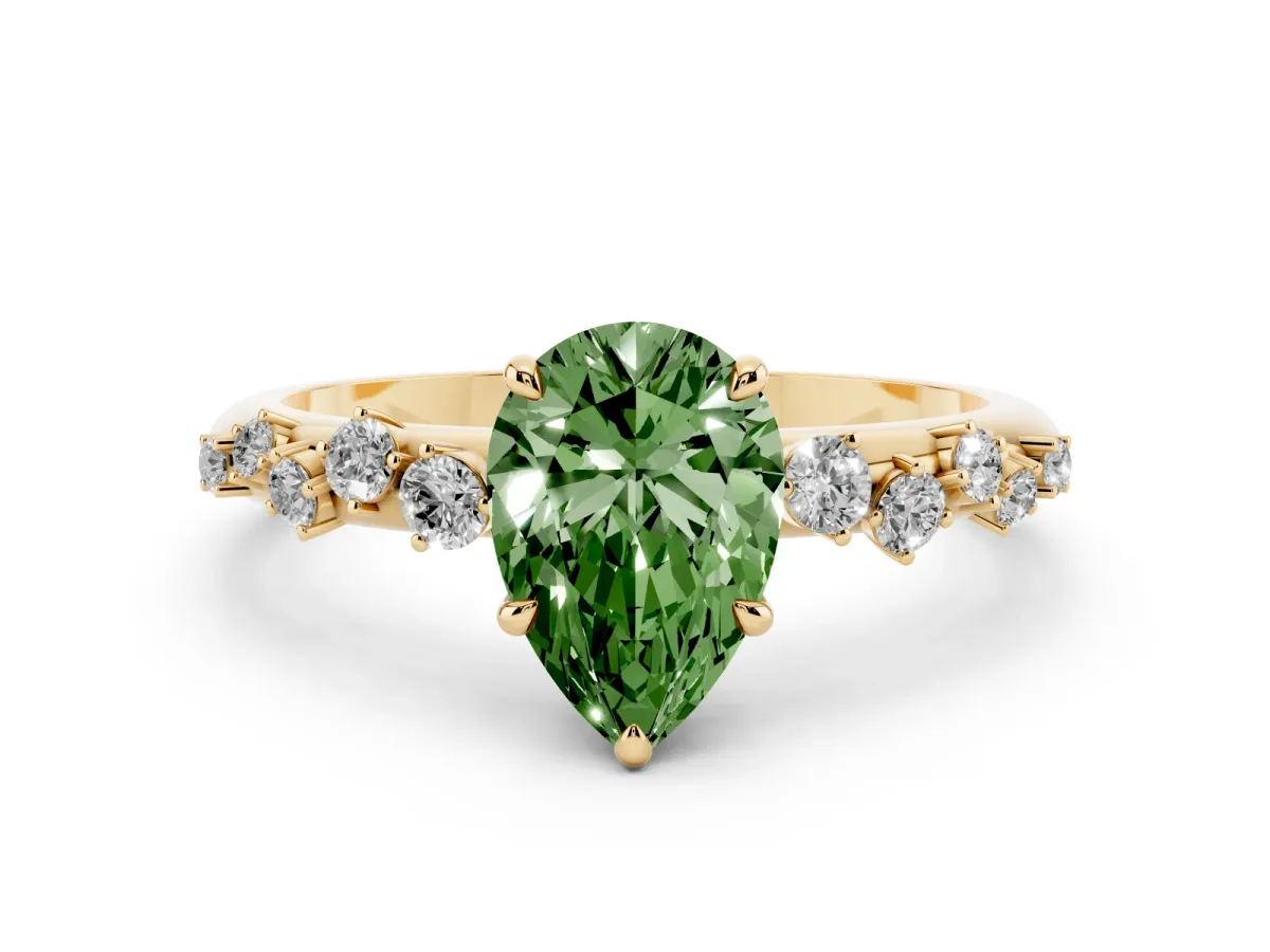 Fancy Green Pear Cut Diamond Cluster Prong-Set Solitaire Ring Yellow gold