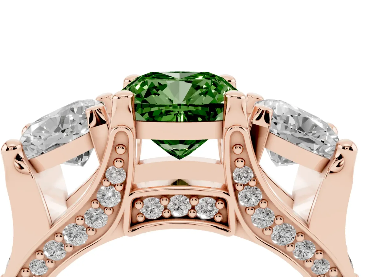 Fancy Green Cushion Cut Diamond Three-Stone Ring with Channel Set Band and Four-Prong Setting Rose gold