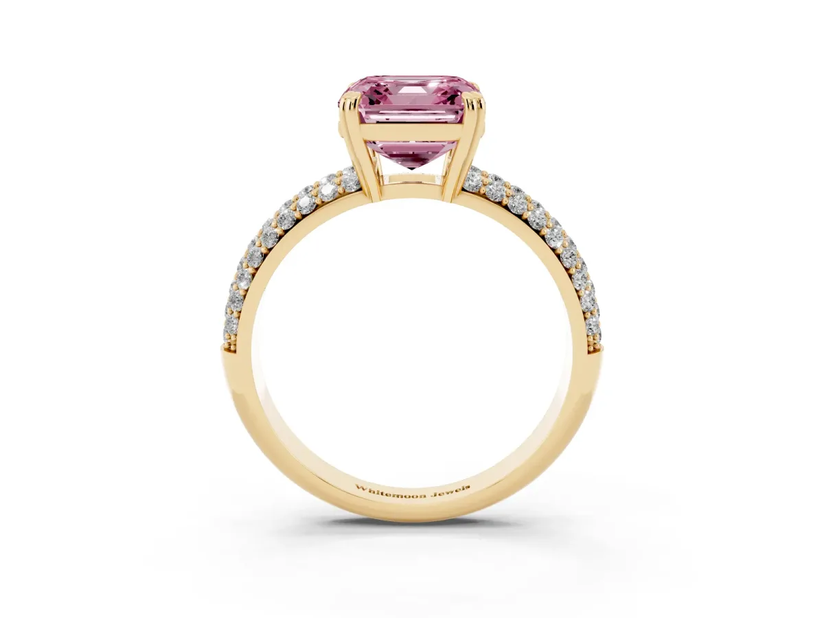 Fancy Pink Asscher Cut Diamond Solitaire Ring with Multi-Row Round Pavé Band and Prong Setting Yellow gold