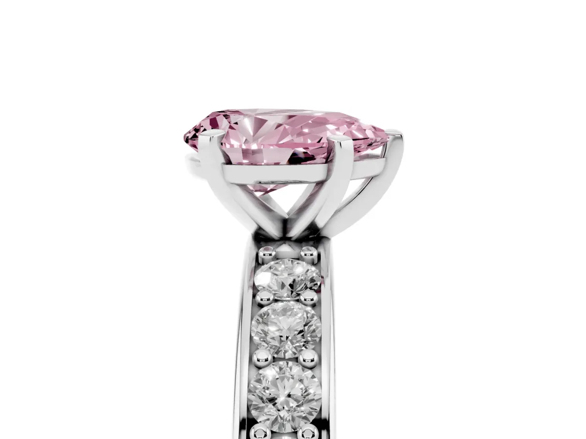 Fancy Pink Pear Cut Diamond Engagement Ring with Channel Set Round Band and Prong Setting Silver