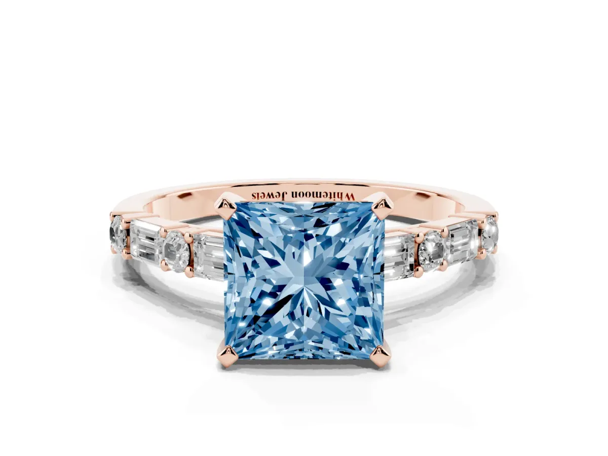 Fancy Blue Princess Cut Diamond Solitaire with Side Baguettes and Channel Set Band Rose gold
