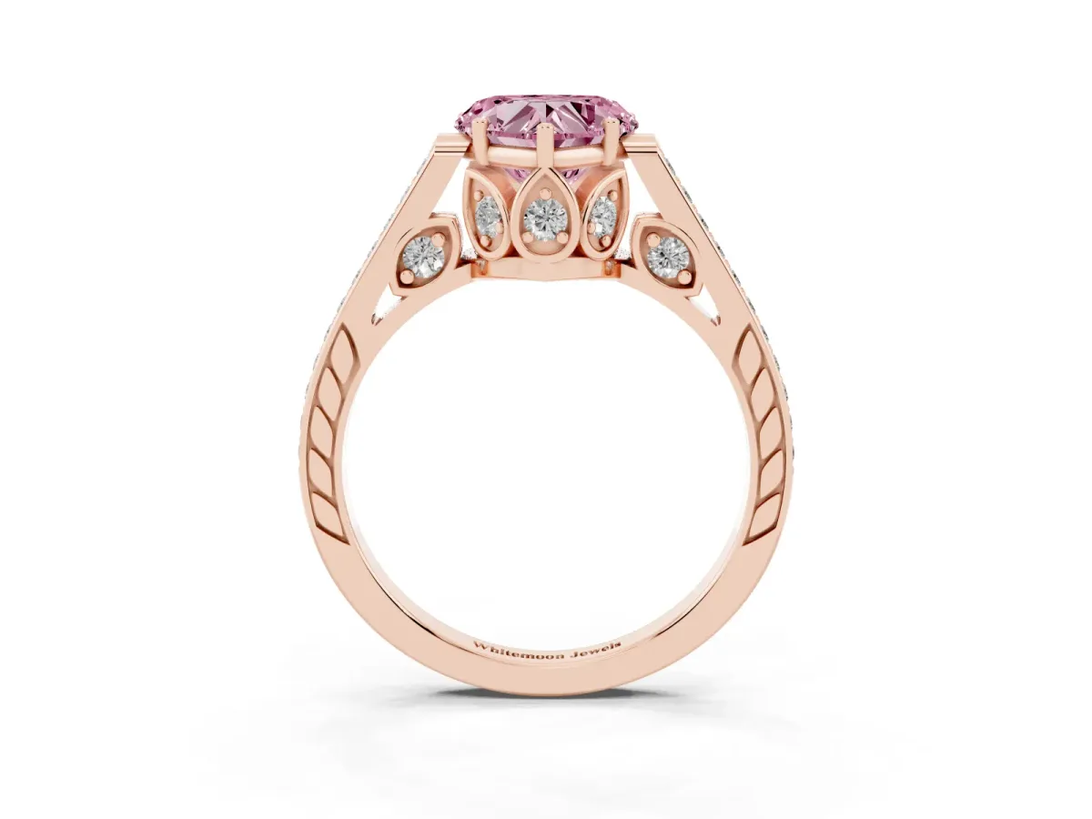 Fancy Pink Heart Cut Cut Cathedral Pave Diamond Engagement Ring with Six-Prong Setting Rose gold
