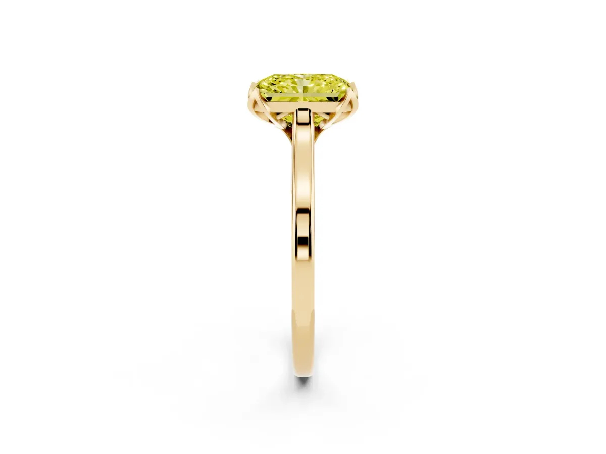 Fancy Yellow Radiant Cut Diamond Solitaire Ring with Flower Prong Setting and Classic Band Yellow gold