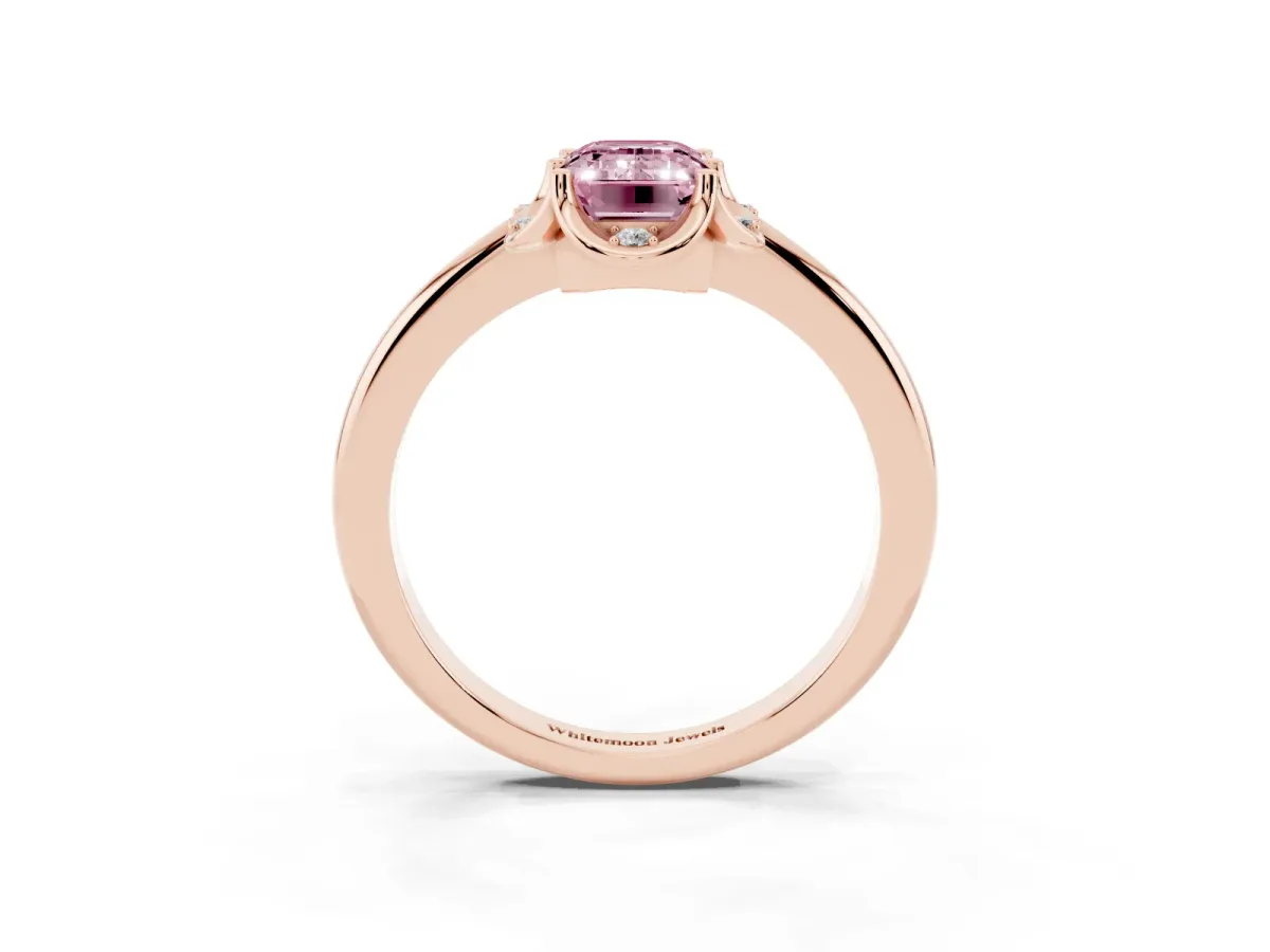 Fancy Pink Emerald Cut Halo Diamond Ring with Round Cluster Setting, Solitaire Band, and Four-Prong Setting Rose gold