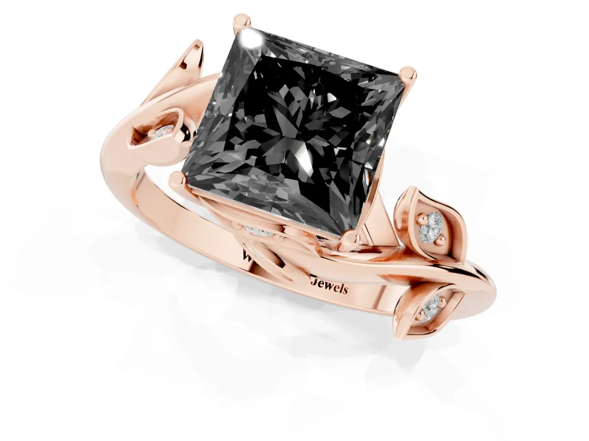 Fancy Black Princess Cut Solitaire Twist Engagement Ring with Leaf Accents and Prong Setting Rose gold