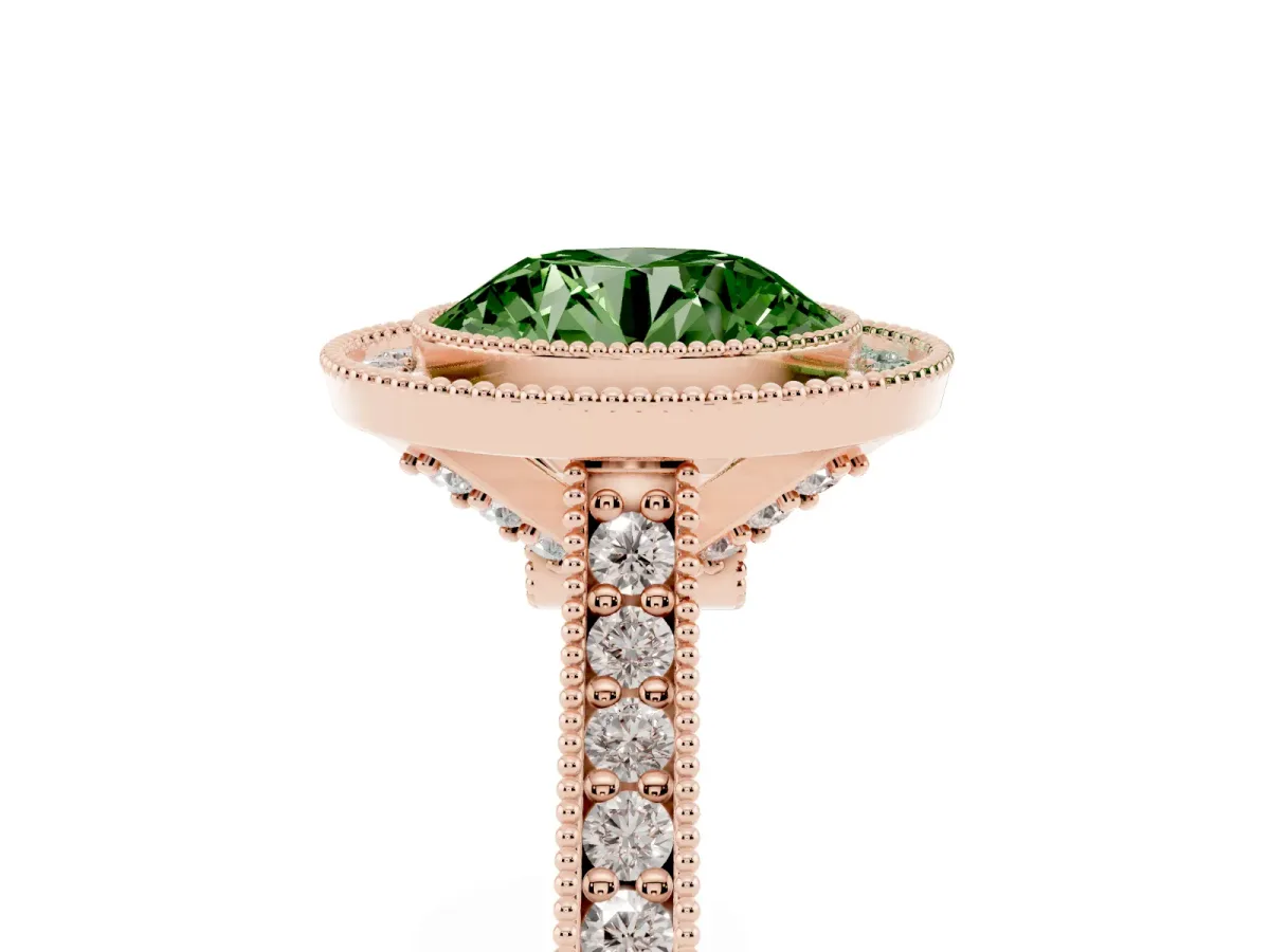 Fancy Green Halo Round Cut-Cut Diamond Pave Band Milgrain Prong Setting Ring Rose gold