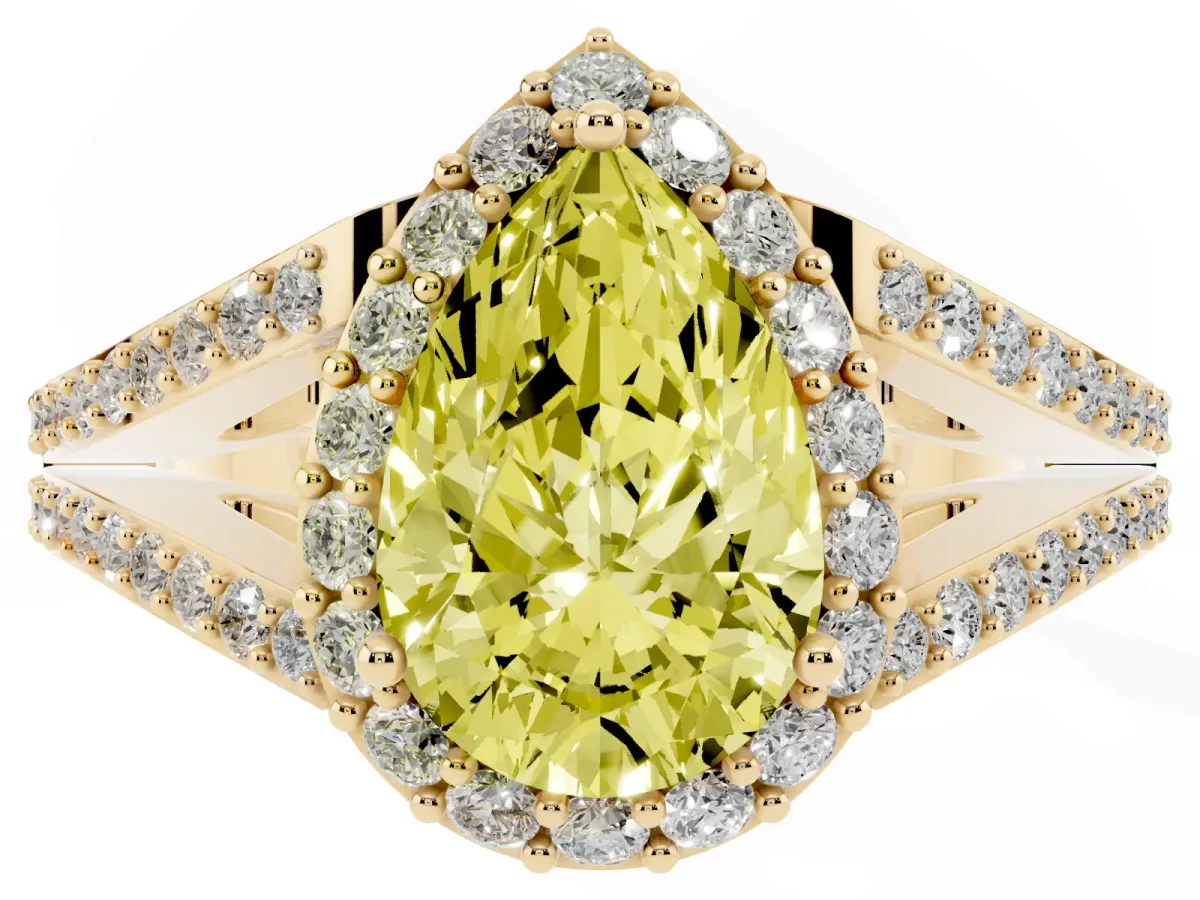 Fancy Yellow Pear Cut Halo Split Shank Pave Diamond Ring with Four-Prong Setting Yellow gold
