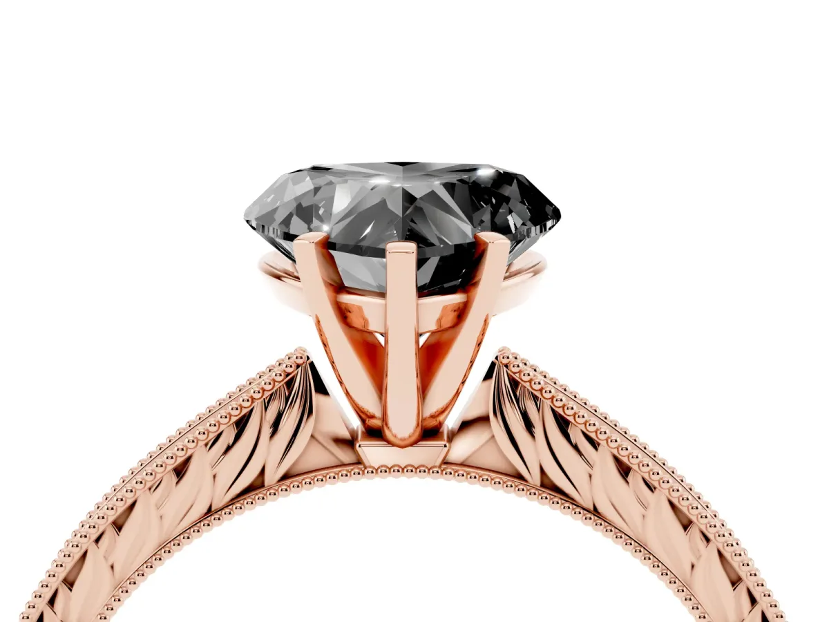 Fancy Black Heart Cut Solitaire Milgrain Engraved Band with Four-Prong Setting Rose gold