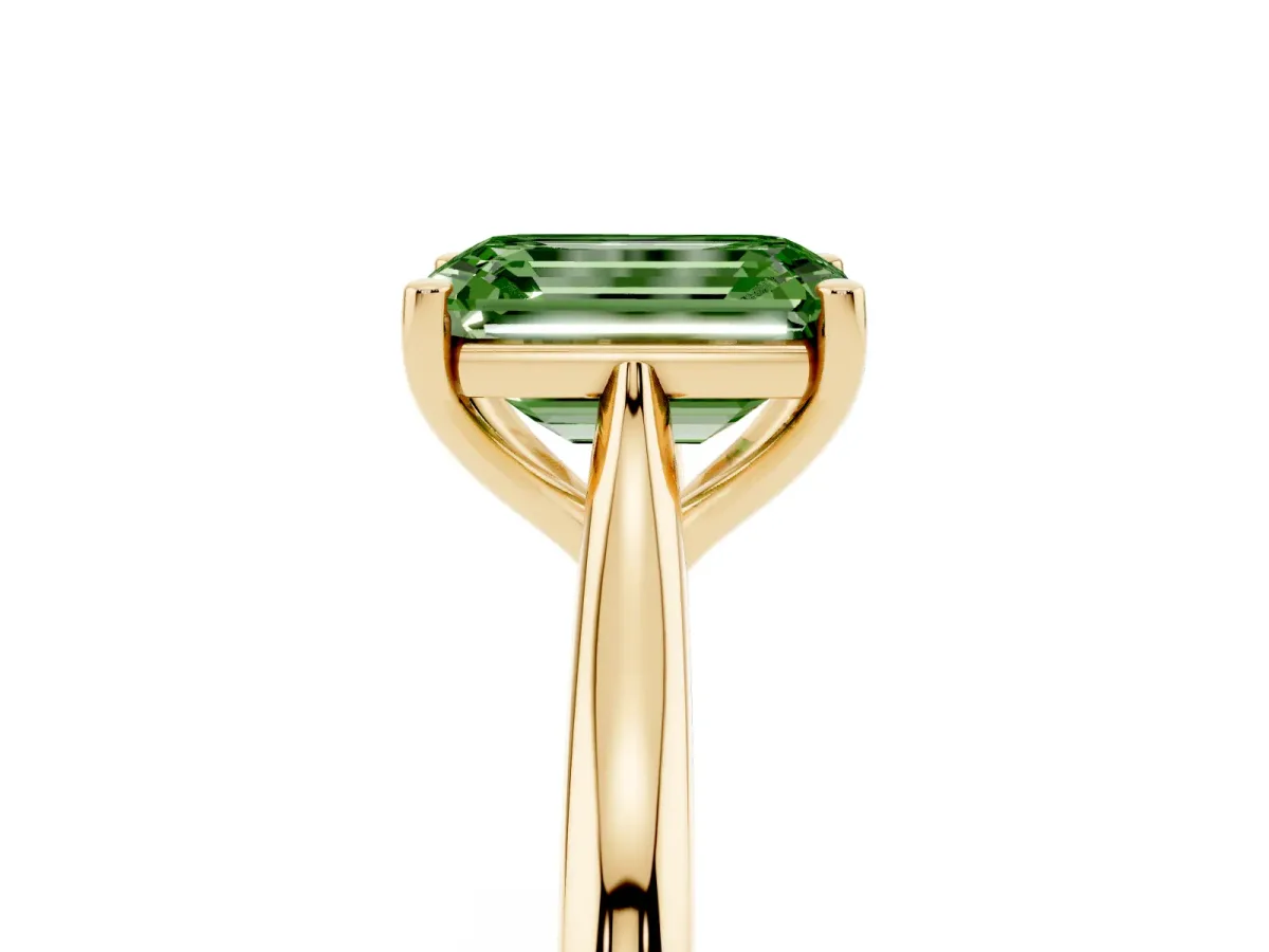 Fancy Green Emerald Cut Cut Solitaire Ring with Cathedral Band and Four-Prong Setting Yellow gold
