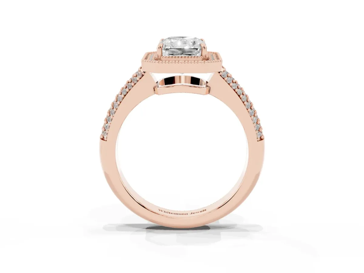 Radiant Cut Cut Halo Diamond Pave Band with Four-Prong Setting Rose gold