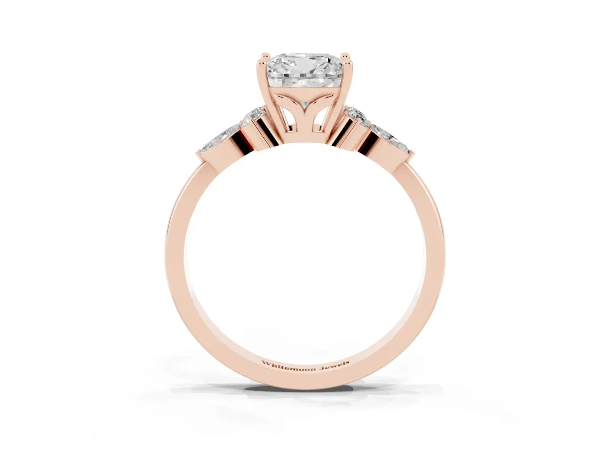Cushion Cut Brilliant Diamond Solitaire Ring with Pear Side Stones and Four-Prong Setting Rose gold