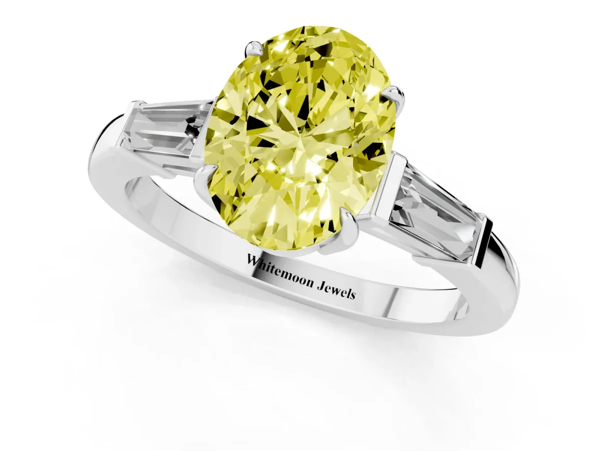 Fancy Yellow Oval Cut Diamond Three-Stone Ring with Tapered Baguette Side Stones and Prong Setting Silver