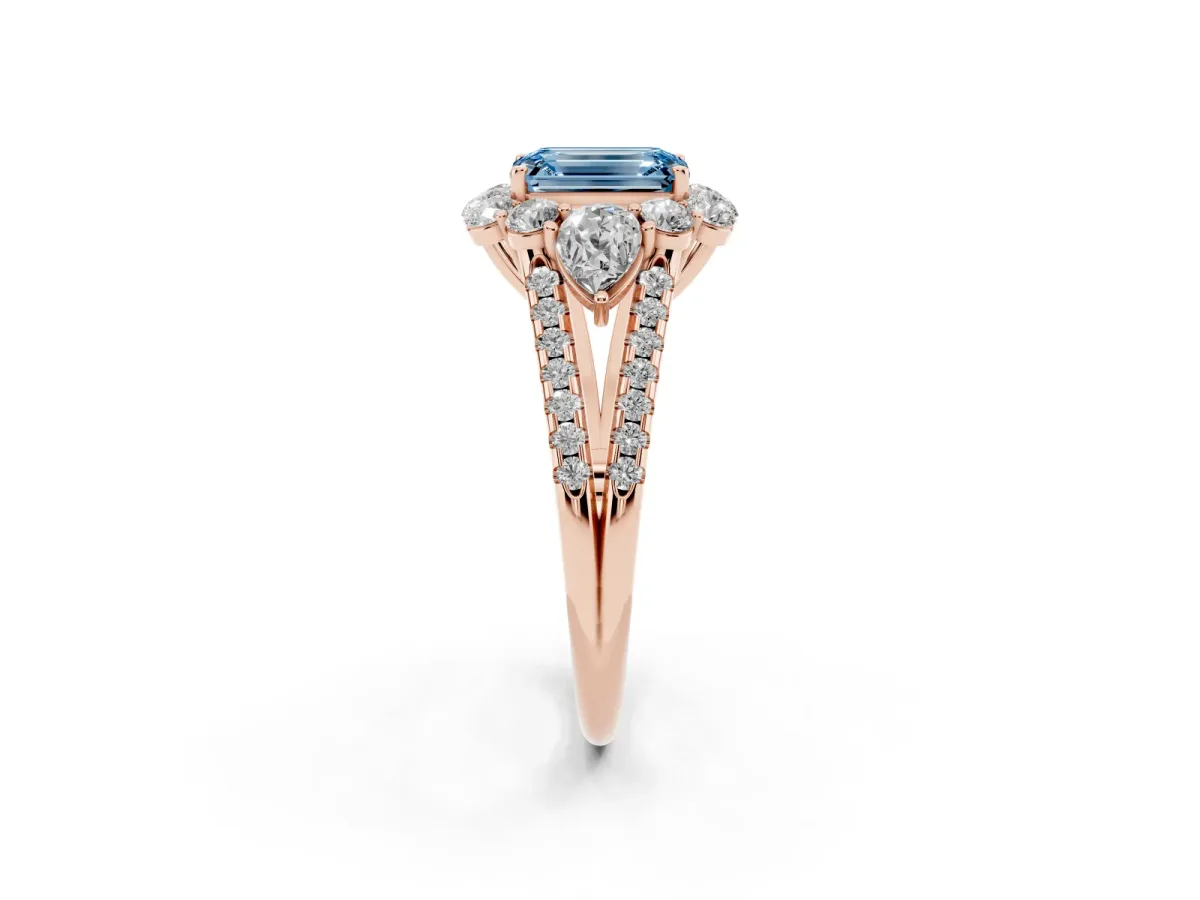 Fancy Blue Emerald Cut Halo Split Shank Diamond Engagement Ring with Prong Setting Rose gold