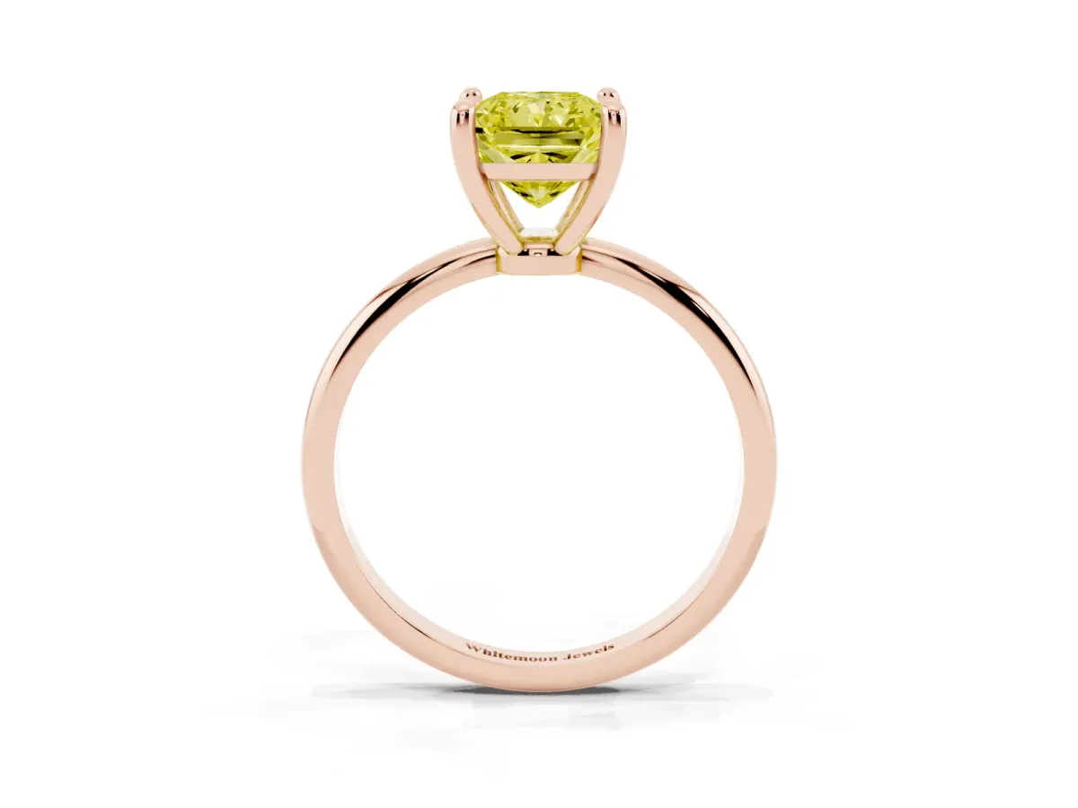 Fancy Yellow Radiant Cut Solitaire Diamond Ring with 4-Prong Setting on a Classic Band Rose gold
