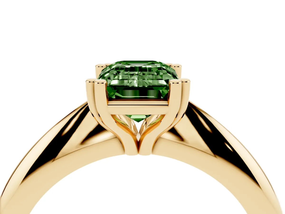 Fancy Green Emerald Cut Cut Solitaire Engagement Ring with Tapered Band and Four-Prong Setting Yellow gold