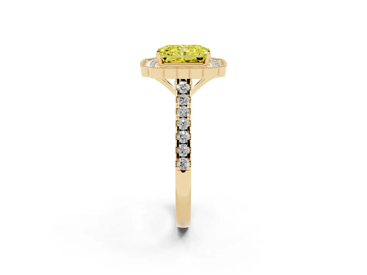 Fancy Yellow Radiant Cut Cut Diamond Milgrain Floral Halo Engagement Ring with Pavé Band Yellow gold