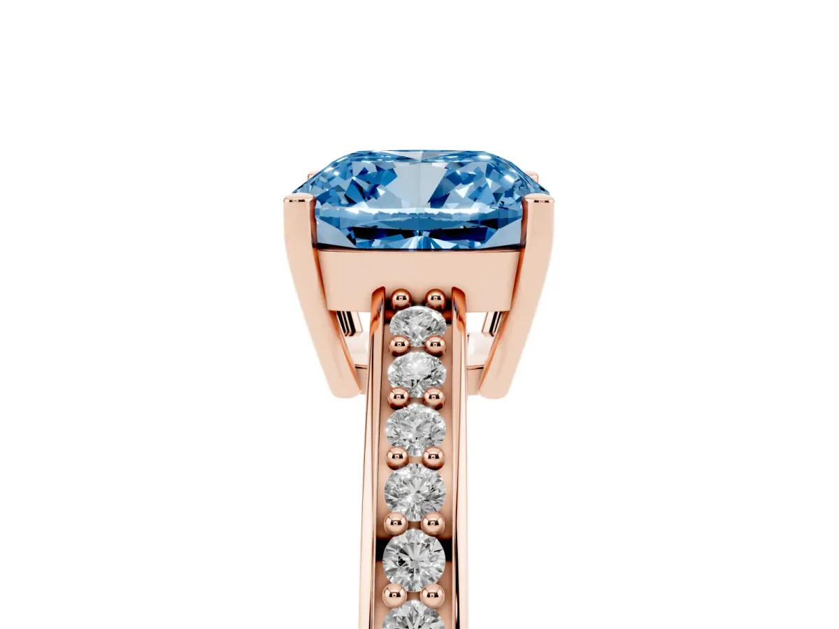 Fancy Blue Cushion Cut Solitaire Pavé Band Prong Setting Ring Rose gold