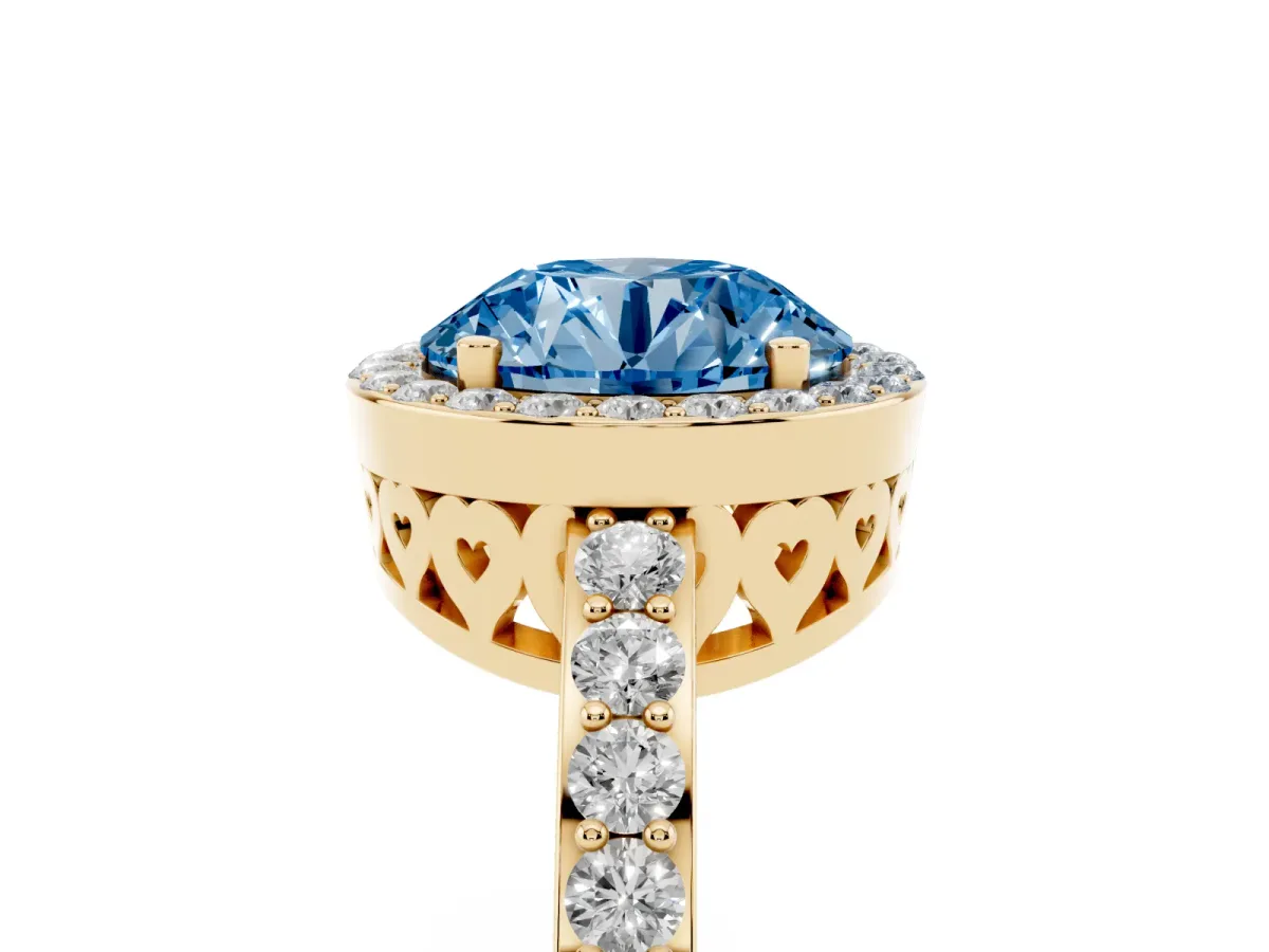 Fancy Blue Round Cut Halo Diamond Pavé Band Ring with Prong Setting Yellow gold