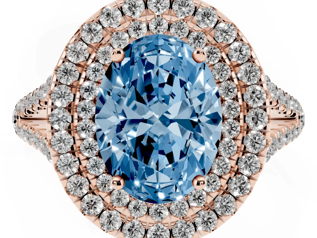 Fancy Blue Oval Cut Diamond Double Halo Ring with Pavé Band and Prong Setting Rose gold
