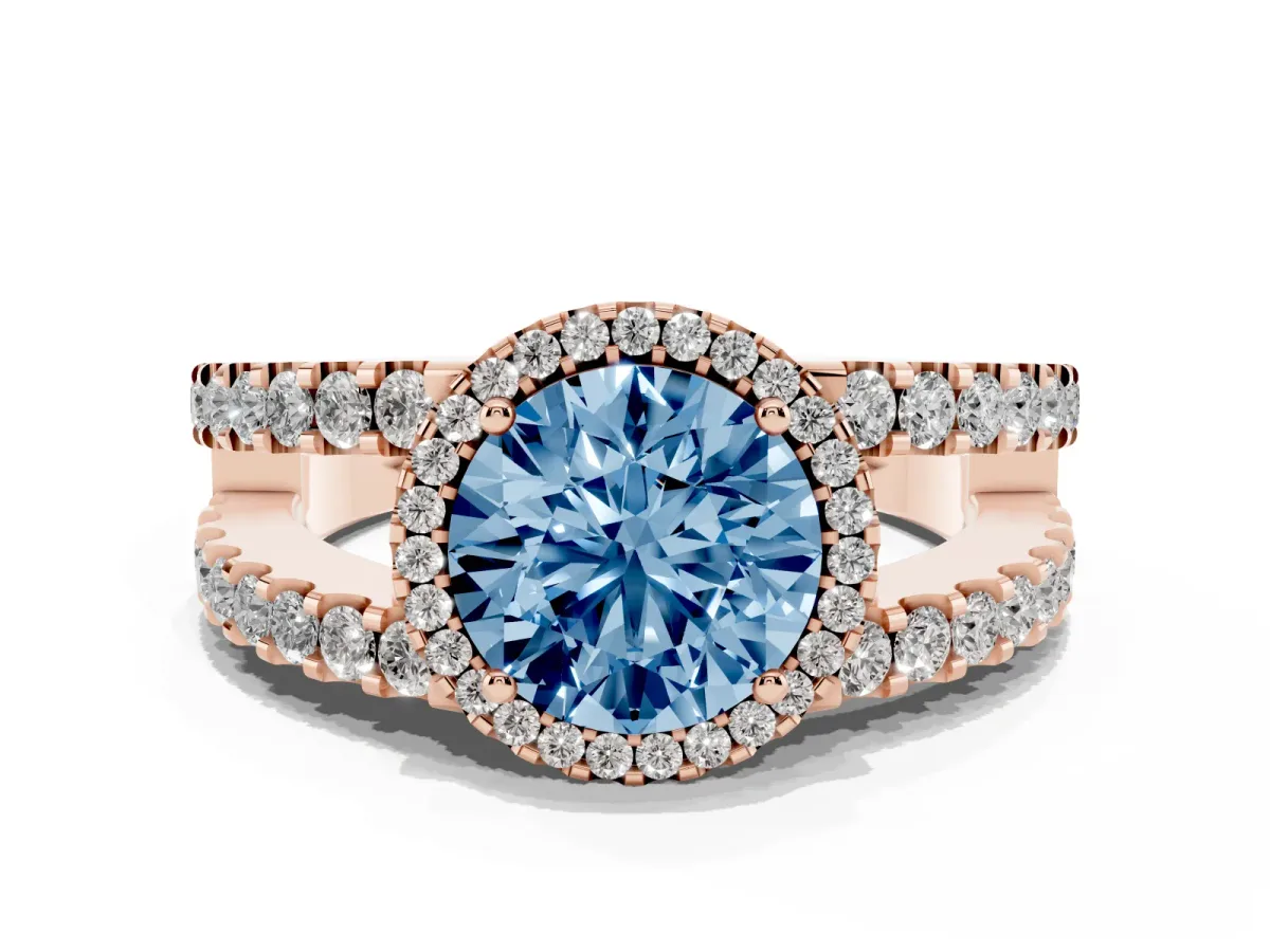 Fancy Blue Round Cut Cut Halo Split Shank Diamond Ring with Four-Prong Setting Rose gold