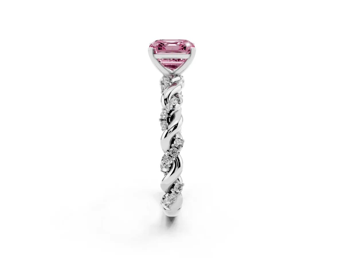 Fancy Pink Asscher Cut Diamond Solitaire Ring with Twisted Band and Pavé Accents Silver