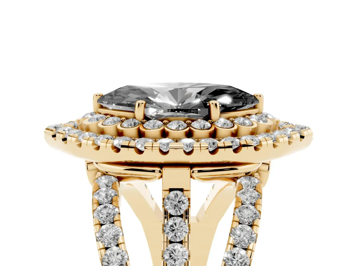 Fancy Black Marquise Cut Diamond Double Halo Ring with Round Pavé Split Shank and Prong Setting Yellow gold