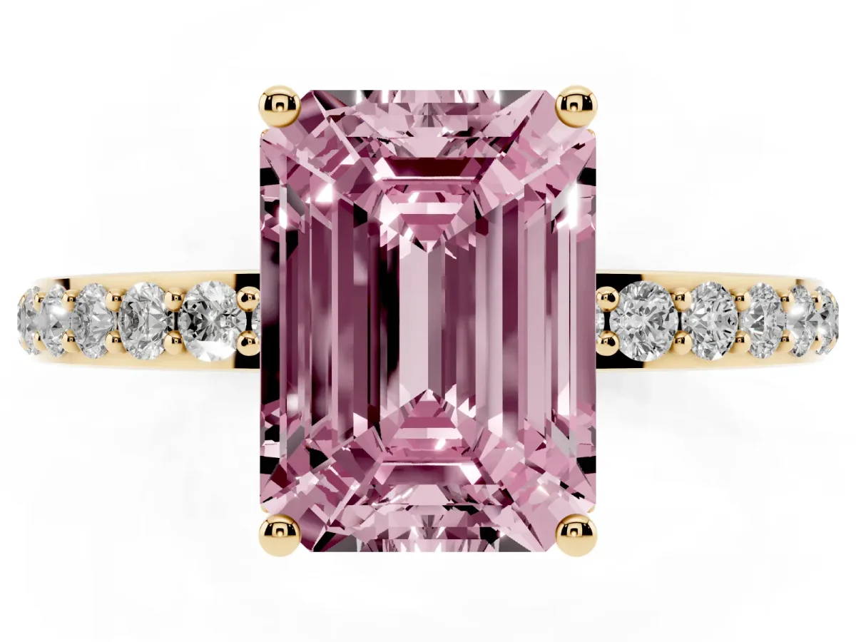 Fancy Pink Emerald Cut Diamond Solitaire Ring with Pavé Band and Hidden Halo Yellow gold
