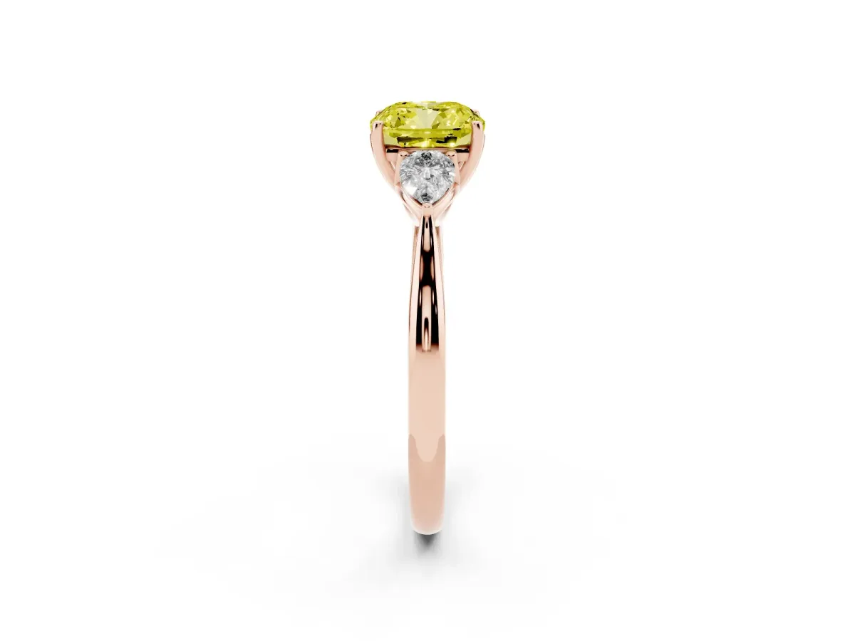 Fancy Yellow Cushion Cut Diamond Three-Stone Ring with Pear Side Stones and Prong Setting Rose gold