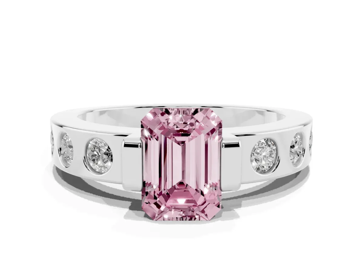 Fancy Pink Emerald Cut Brilliant Channel-Set Diamond Ring with Bezel Prong Setting Platinum