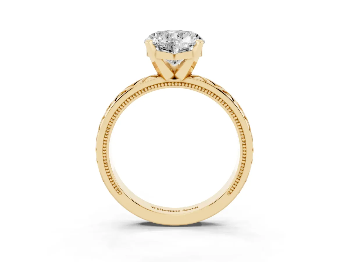 Heart Cut Solitaire Diamond Ring with Milgrain and Black Enamel X Pattern Band Yellow gold