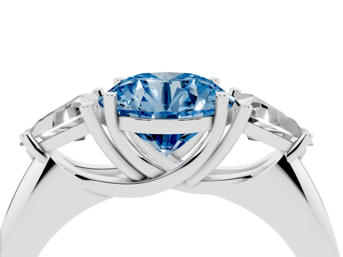 Fancy Blue Three-Stone Round Cut Diamond Engagement Ring with Trillion Side Stones and Prong Setting Silver