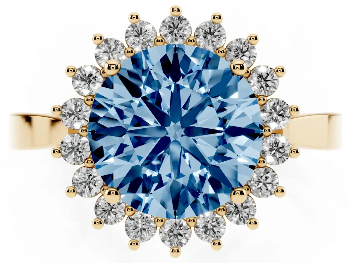 Fancy Blue Round Cut Cut Diamond Halo Ring with Round Brilliant Halo and Solitaire Band Yellow gold