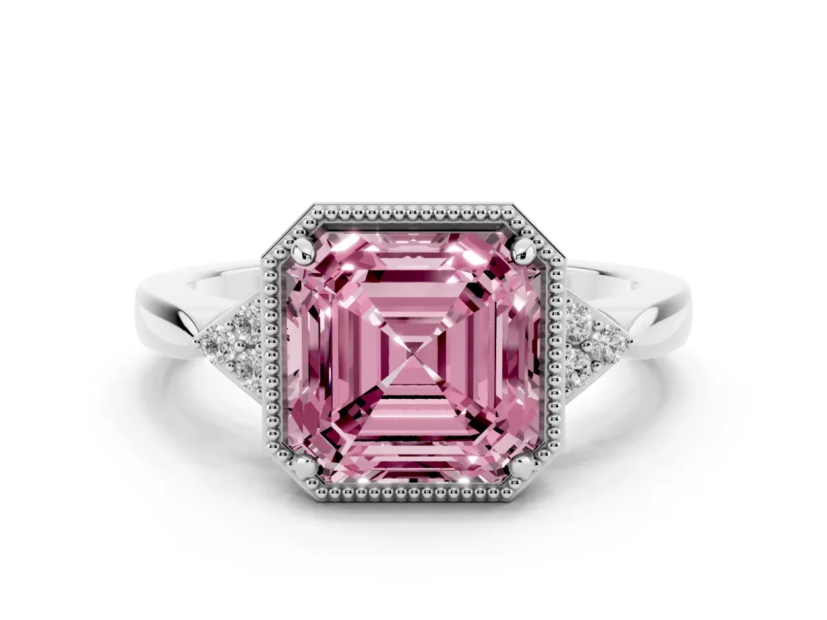 Fancy Pink Asscher Cut Diamond Halo Ring with Tapered Band and Four-Prong Setting Platinum