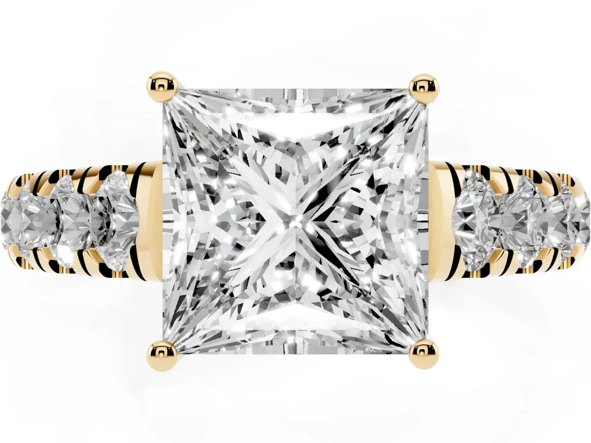 Princess Cut Cut Diamond Solitaire Ring with Micro Pave Band and Prong Setting Yellow gold