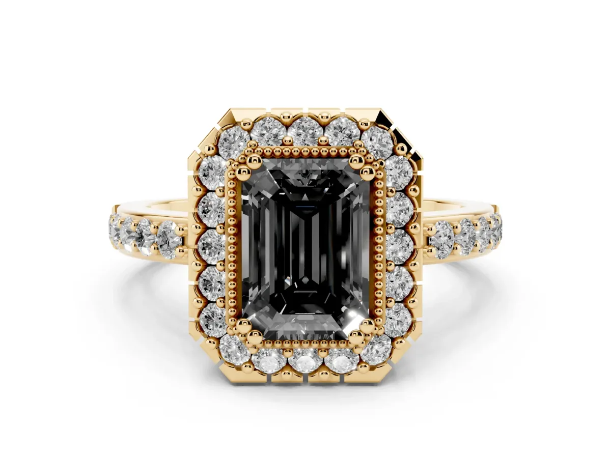 Fancy Black Emerald Cut Diamond Halo Ring with Pavé Band and Prong Setting Yellow gold