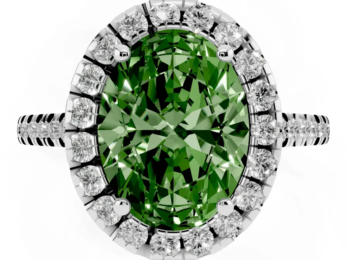 Fancy Green Oval Cut Diamond Cushion Halo Ring with Pavé Band Platinum